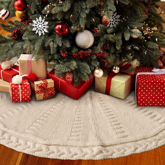 Rustic Knitted Christmas Tree Skirt on a tree with presents