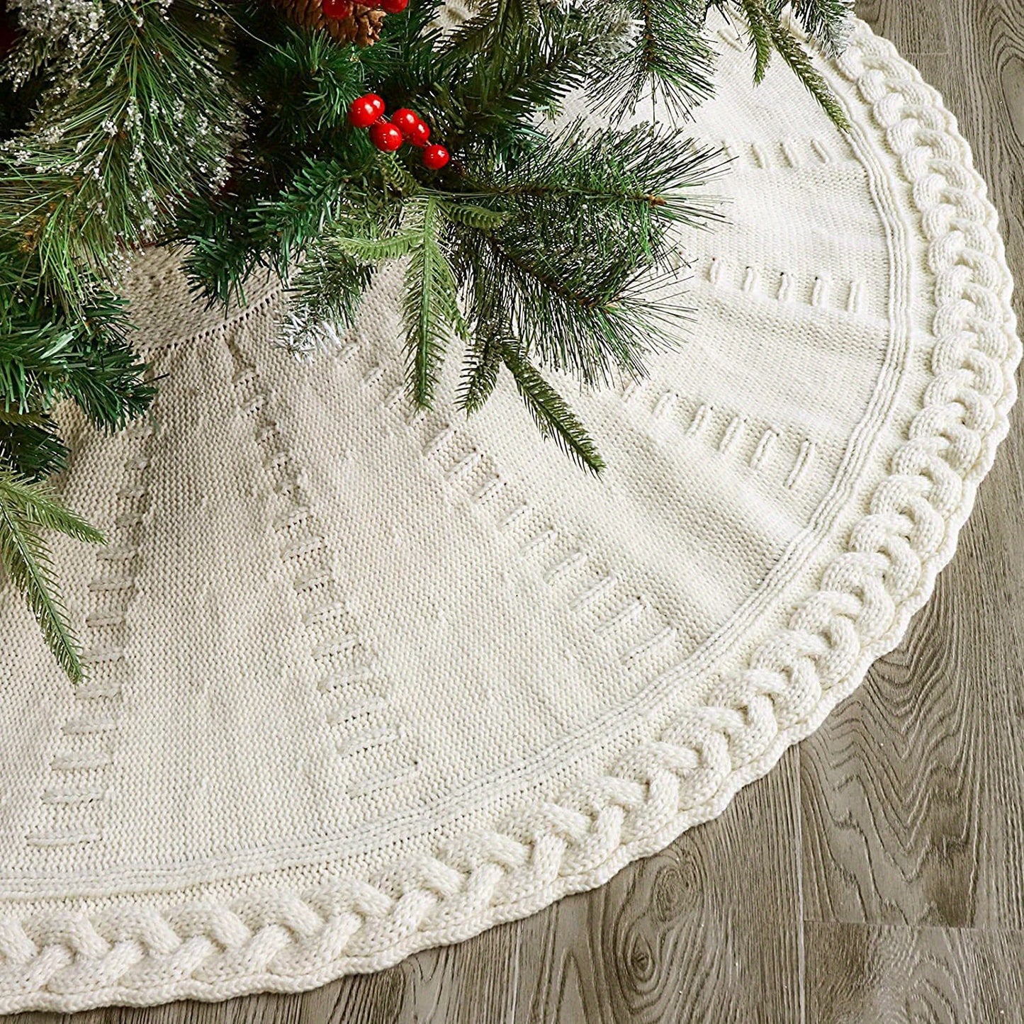 White Rustic Knitted Christmas Tree Skirt