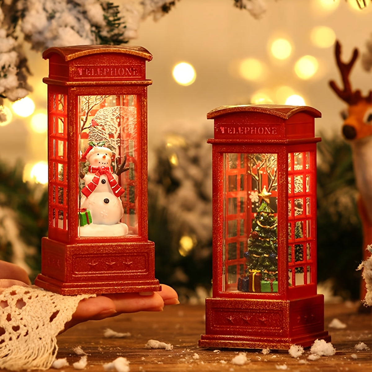 Christmas Eve Phone Booth Decor with santa Claus and Christmas tree with a hand